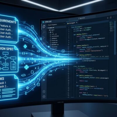 Kiro IDE 1.0 spec-driven agentic IDE interface showing specification documents transforming into code with blue ByteIota brand colors