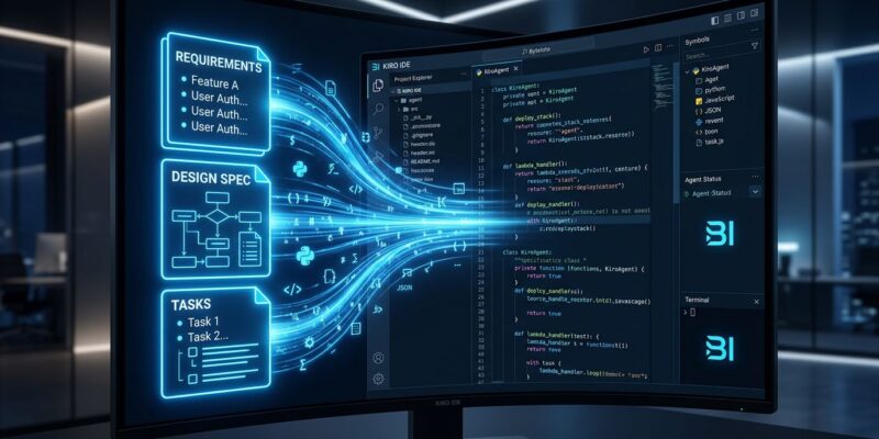 Kiro IDE 1.0 spec-driven agentic IDE interface showing specification documents transforming into code with blue ByteIota brand colors
