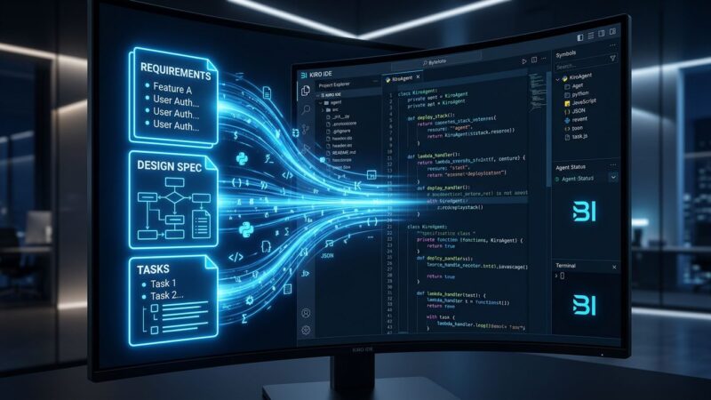 Kiro IDE 1.0 spec-driven agentic IDE interface showing specification documents transforming into code with blue ByteIota brand colors