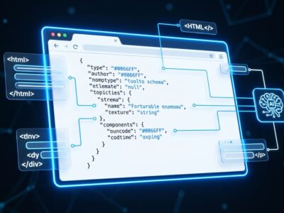 Browser window showing WebMCP structured tool schema with blue AI agent connections on white background