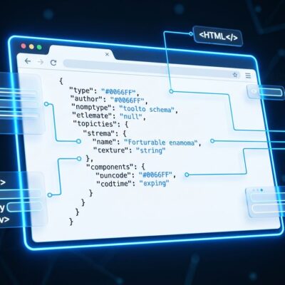 Browser window showing WebMCP structured tool schema with blue AI agent connections on white background