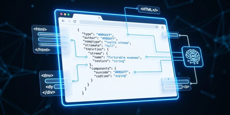 Browser window showing WebMCP structured tool schema with blue AI agent connections on white background