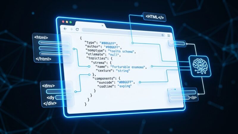 Browser window showing WebMCP structured tool schema with blue AI agent connections on white background