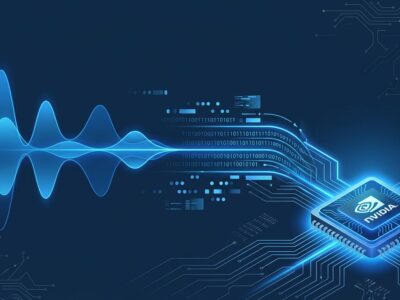 Gradium voice AI API featured image showing audio waveforms and GPU chip on dark blue background
