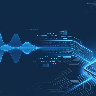 Gradium voice AI API featured image showing audio waveforms and GPU chip on dark blue background