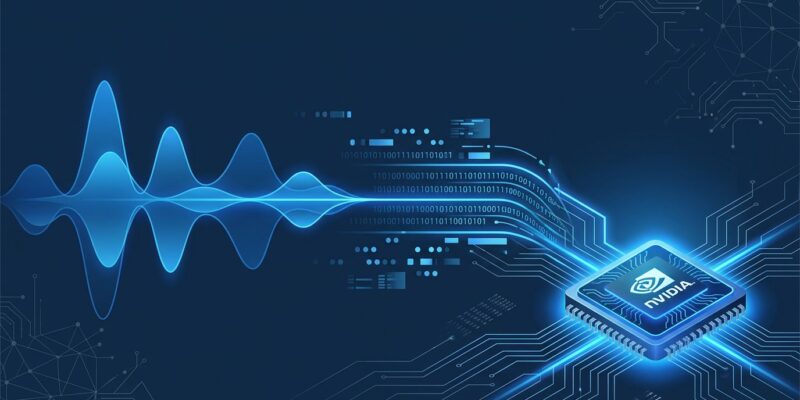 Gradium voice AI API featured image showing audio waveforms and GPU chip on dark blue background