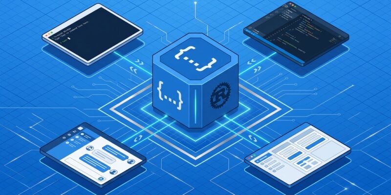Isometric illustration of the Codex App Server hub connecting CLI, VS Code, macOS app, and ChatGPT Work surfaces via bidirectional JSON-RPC protocol lines