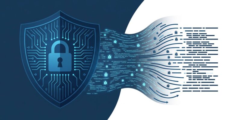Digital shield deflecting a flood of AI-generated vulnerability reports, representing the Linux Foundation Akrites coordinated security initiative