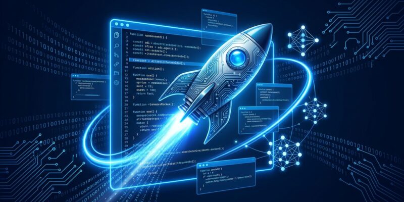 SpaceX rocket integrated with Cursor AI code editor interface, representing the 0 billion acquisition and its impact on developer toolchains