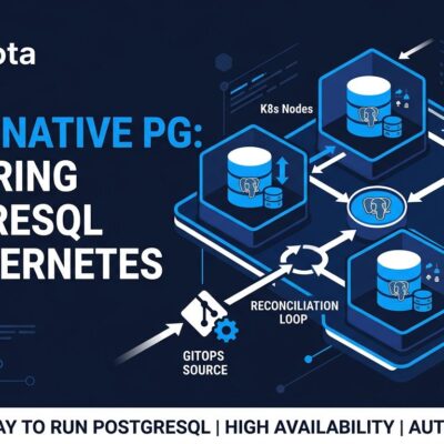 Kubernetes cluster diagram with PostgreSQL database icons showing CloudNativePG cloud-native architecture with GitOps flow