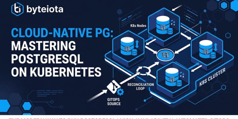 Kubernetes cluster diagram with PostgreSQL database icons showing CloudNativePG cloud-native architecture with GitOps flow