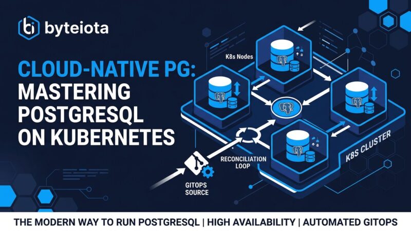 Kubernetes cluster diagram with PostgreSQL database icons showing CloudNativePG cloud-native architecture with GitOps flow