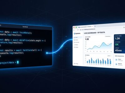 A developer terminal window connected by a glowing blue line to a live browser dashboard, representing Claude Code Artifacts feature