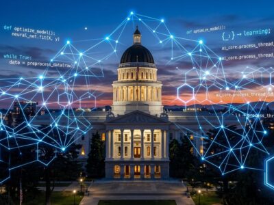 California state capitol with AI neural network overlay representing Claude statewide deployment