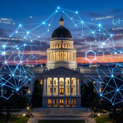 California state capitol with AI neural network overlay representing Claude statewide deployment