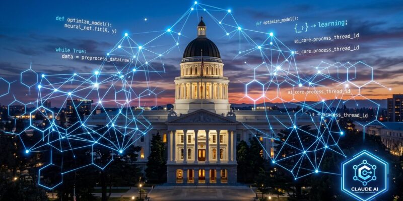 California state capitol with AI neural network overlay representing Claude statewide deployment
