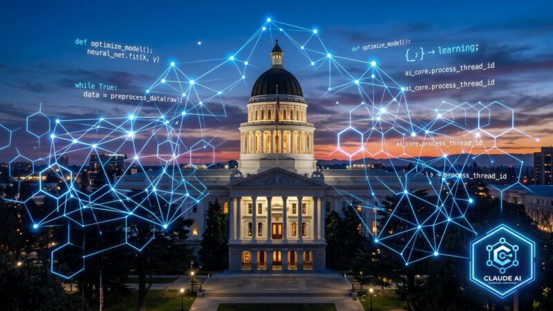 California state capitol with AI neural network overlay representing Claude statewide deployment