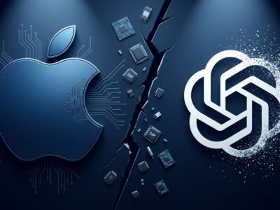 Split-screen illustration showing Apple and OpenAI logos separated by a crack with hardware components falling through, representing the trade secret lawsuit