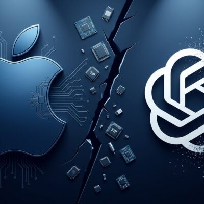 Split-screen illustration showing Apple and OpenAI logos separated by a crack with hardware components falling through, representing the trade secret lawsuit