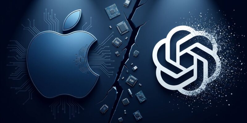 Split-screen illustration showing Apple and OpenAI logos separated by a crack with hardware components falling through, representing the trade secret lawsuit