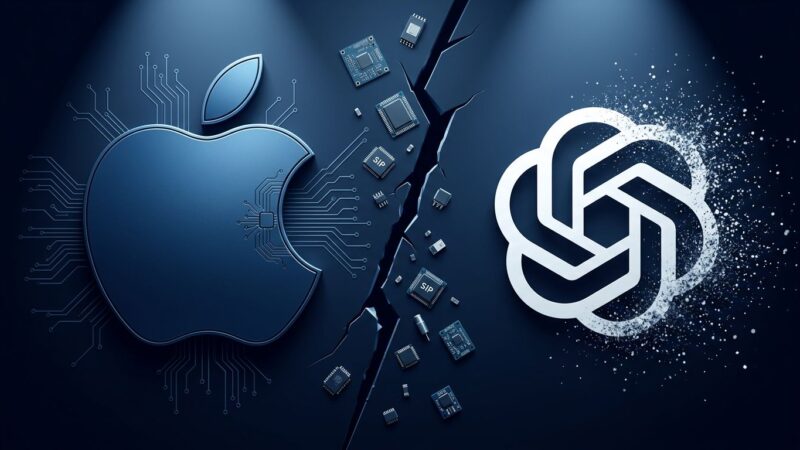 Split-screen illustration showing Apple and OpenAI logos separated by a crack with hardware components falling through, representing the trade secret lawsuit