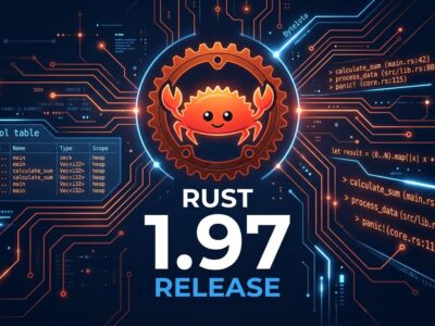 Rust 1.97 release featured image showing Ferris the crab mascot with circuit board patterns and version number