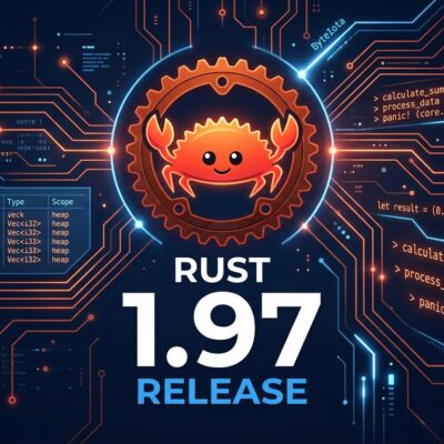 Rust 1.97 release featured image showing Ferris the crab mascot with circuit board patterns and version number