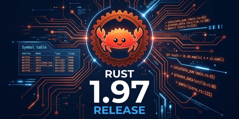 Rust 1.97 release featured image showing Ferris the crab mascot with circuit board patterns and version number