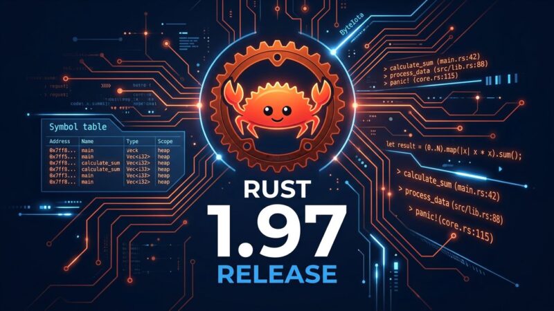 Rust 1.97 release featured image showing Ferris the crab mascot with circuit board patterns and version number
