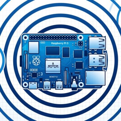 QuadRF Raspberry Pi 5 phased-array SDR board with radio waves radiating outward and drone detection visualization