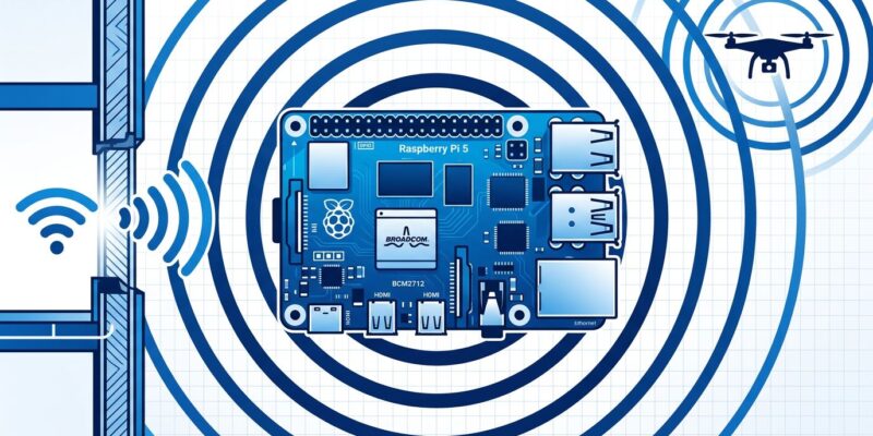 QuadRF Raspberry Pi 5 phased-array SDR board with radio waves radiating outward and drone detection visualization