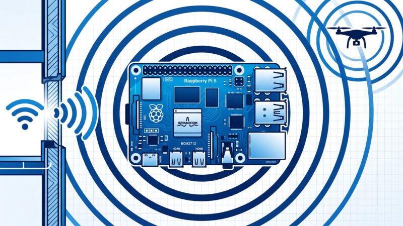 QuadRF Raspberry Pi 5 phased-array SDR board with radio waves radiating outward and drone detection visualization
