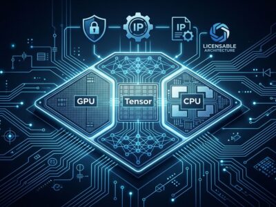 OxCore unified AI GPU architecture diagram showing CUDA-compatible GPU, tensor, and CPU engines fused into a single licensable IP block