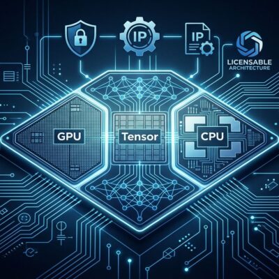 OxCore unified AI GPU architecture diagram showing CUDA-compatible GPU, tensor, and CPU engines fused into a single licensable IP block