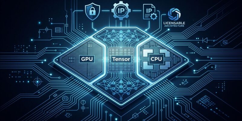 OxCore unified AI GPU architecture diagram showing CUDA-compatible GPU, tensor, and CPU engines fused into a single licensable IP block