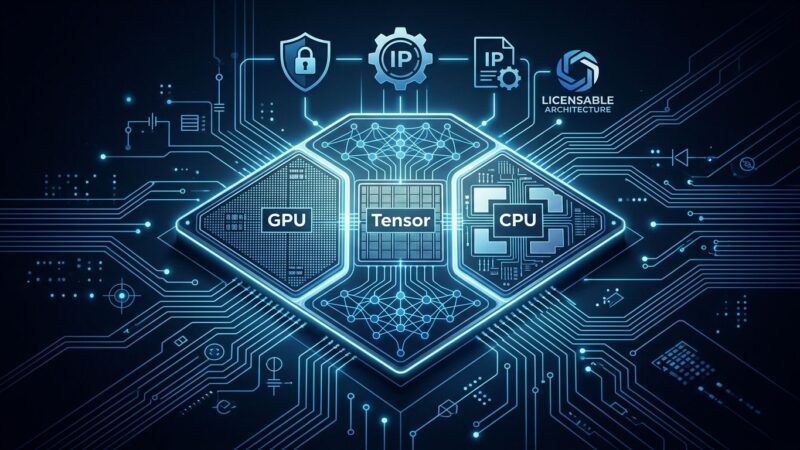 OxCore unified AI GPU architecture diagram showing CUDA-compatible GPU, tensor, and CPU engines fused into a single licensable IP block