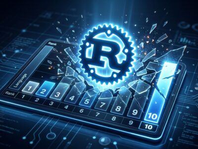 Rust programming language logo breaking into the TIOBE top 10 leaderboard chart, blue and white tech design