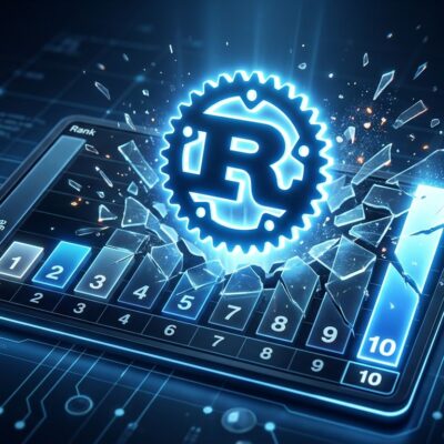Rust programming language logo breaking into the TIOBE top 10 leaderboard chart, blue and white tech design