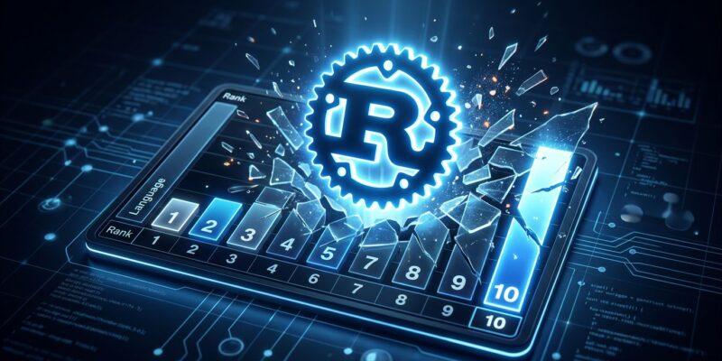 Rust programming language logo breaking into the TIOBE top 10 leaderboard chart, blue and white tech design