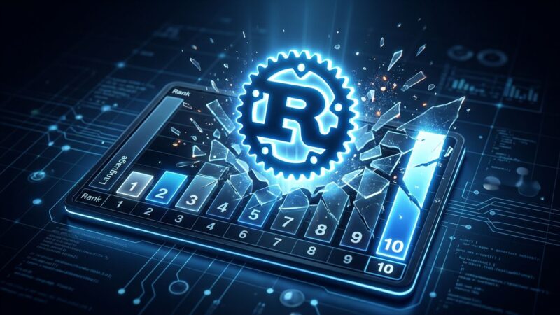 Rust programming language logo breaking into the TIOBE top 10 leaderboard chart, blue and white tech design