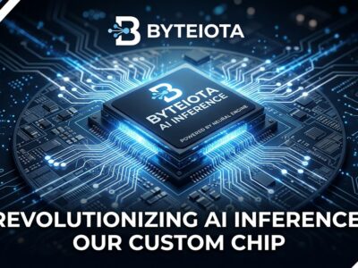 Custom AI inference chip silicon wafer with neural network connections in blue and white, representing DeepSeek custom silicon development