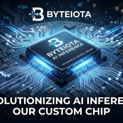 Custom AI inference chip silicon wafer with neural network connections in blue and white, representing DeepSeek custom silicon development