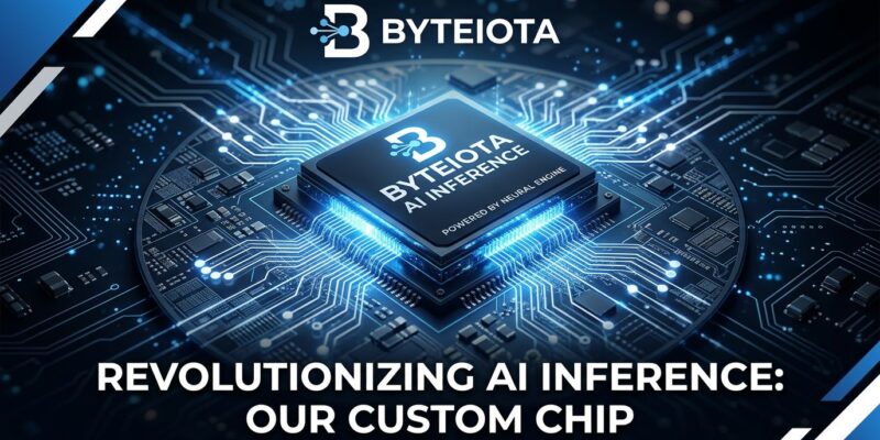 Custom AI inference chip silicon wafer with neural network connections in blue and white, representing DeepSeek custom silicon development