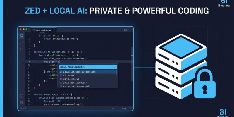 Zed code editor interface showing local AI model integration with llama.cpp server and privacy lock icon