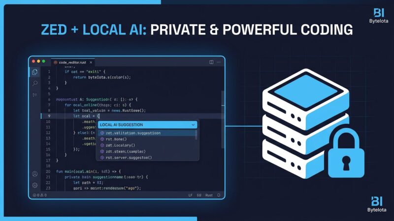 Zed code editor interface showing local AI model integration with llama.cpp server and privacy lock icon
