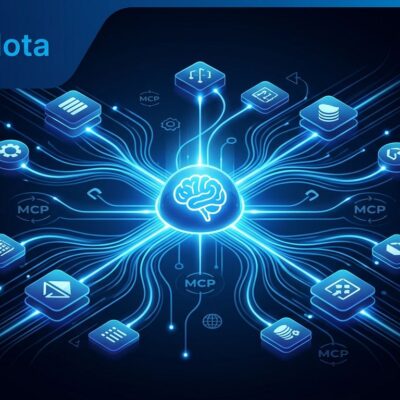 Abstract visualization of AI agent memory architecture with blue data streams and MCP protocol symbols