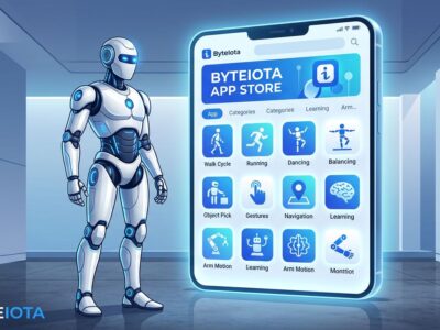 Unitree G1 humanoid robot in front of a smartphone showing UniStore app marketplace interface with blue and white ByteIota branding