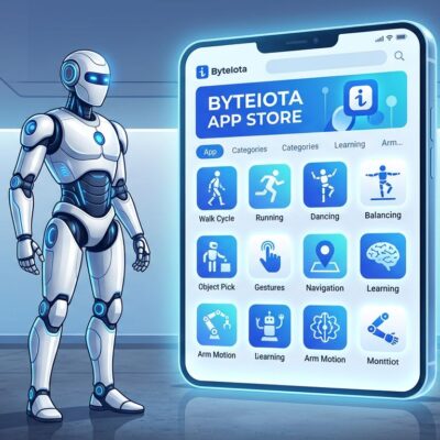 Unitree G1 humanoid robot in front of a smartphone showing UniStore app marketplace interface with blue and white ByteIota branding