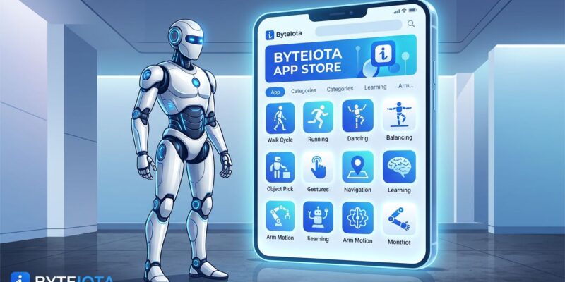Unitree G1 humanoid robot in front of a smartphone showing UniStore app marketplace interface with blue and white ByteIota branding