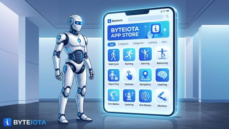 Unitree G1 humanoid robot in front of a smartphone showing UniStore app marketplace interface with blue and white ByteIota branding